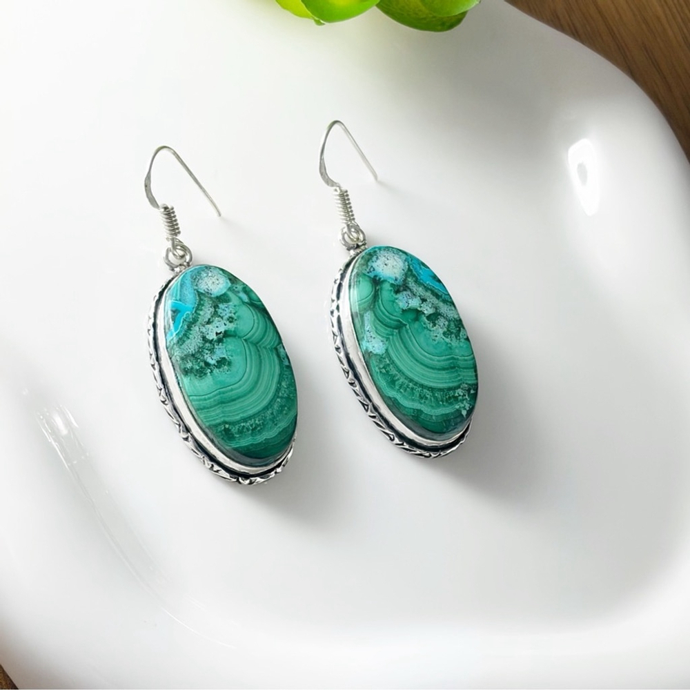 Top Quality Malachite Chrysocolla Earrings Southwest 925 Sterling Silver Overlay - Picture 3 of 6